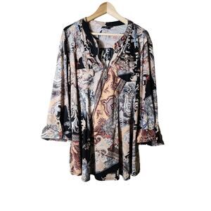 COCOMO Black Tan Mixed Media Quarter Zip Boho Retro Stretch Tunic Top SZ 3X